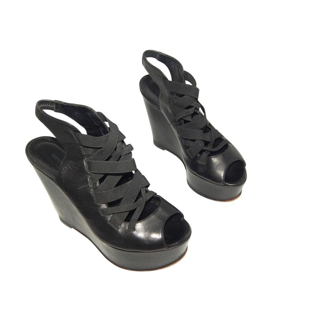 Georgina Goodman Black Leather Wedge Peep Toe Slingback Size 6